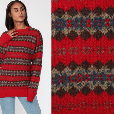 80s Sweater Wool Fair Isle Sweater Wool Pullover Geometric Nordic Red Sweater 1980s Print Bohemian Vintage Retro Medium Large 