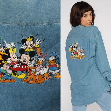 90s Denim Disney Shirt -- Mickey Minnie Shirt Donald Duck Denim Shirt Mickey Mouse Button Up Vintage Jean Shirt Blue Men's Large 