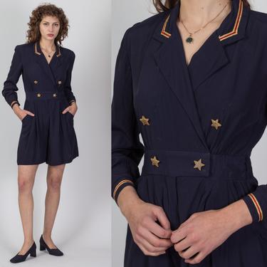 Vintage Navy Blue Nautical Romper, As Is - Petite Small | 80s Star Button Up Striped Trim One Piece Outfit 