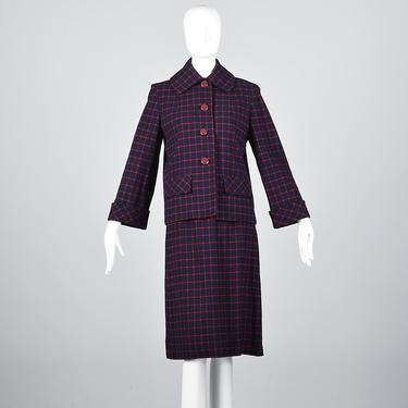 XS 1960s Skirt Suit 60s Wool Suit Navy Blue Red Windowpane Boxy Jacket Blazer Winter Suit Jackie O Vintage Wool Suit Two Piece Casual 
