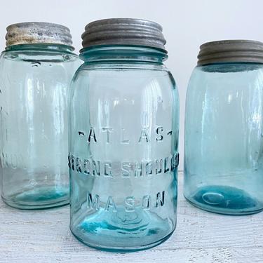 3 Blue Mason Jars Vintage Atlas Ball blue jars Antique quart fruit canning jars Kitchen storage containers Rustic farmhouse decor 