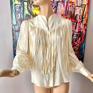 Vintage SILK Top, Long Fringe Trim, Hippie, Boho Blouse, Cowgirl Chic 