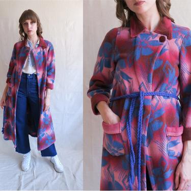 Vintage 40s Beacon Ombre Blanket Robe/ 1930s 1940s Maroon Blue Rope Belt Duster/ Size XS Small 