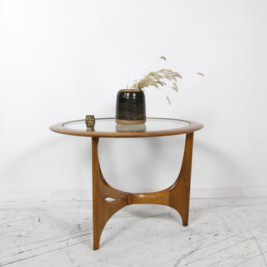 Vintage mcm round wood and glass brutalist style coffee table by Lane Furniture VA | Free delivery in NYC and Hudson 