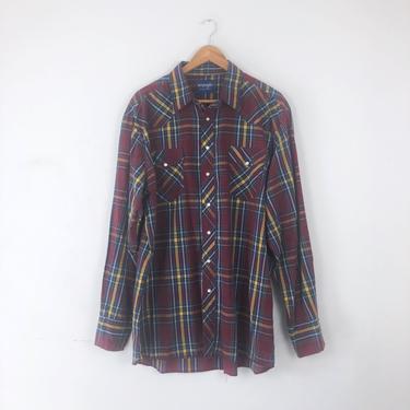 1980s Burgundy Wrangler Pearl Snap Shirt - Size XXL