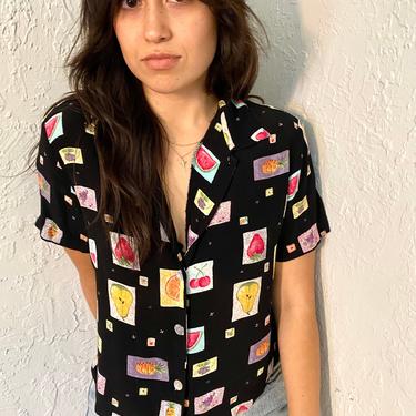 90s Vintage Black / Fruit Print Short Sleeve Button Up Blouse - Boxy Oversized Fit Top - Cute Summer  Shirt 