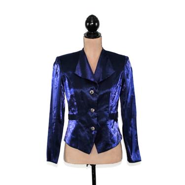 Iridescent Midnight Blue Satin Evening Jacket Women Small, Dressy Cocktail Shoulder Pads, Jessica Howard Vintage Clothing, 90s 1990s Clothes 