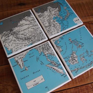 1971 Asia 'Far East' Vintage Map Coasters - Ceramic Tile Set of 4 - Repurposed 1970s Geography Textbook - Handmade - Southeast Asia 