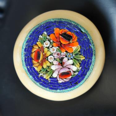 Rare 20's Italian micro mosaic flowers on celluloid brooch, colorful detailed glass posies on early plastic unusual floral statement pin 