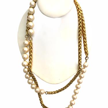 Vintage VTG Gold Chain Pearl Long Strand Necklace Jewelry 