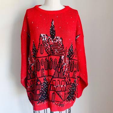 Vintage 1980s Cityscape Christmas Sweater / L-XL 