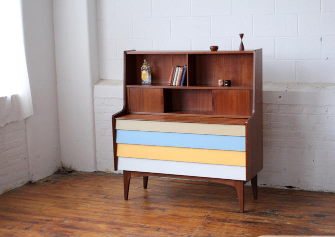 Restored Danish Modern Teak Secretary Desk With Tambour Panels And