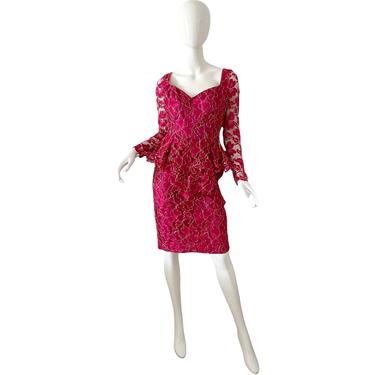 80s Karen Okada Metallic Dress / Vintage Lace Party Dress / 1980s Disco Peplum Dress 