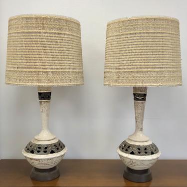 MCM Cream Ceramic Lamps w/ Rattan + Velvet Shades