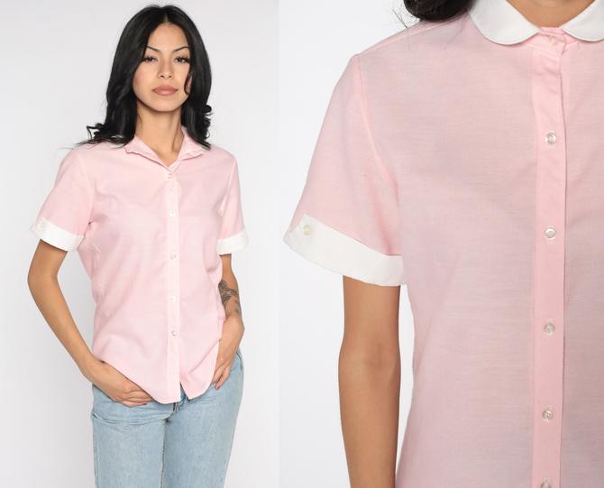 Pink Polka Dot Blouse 80s Button up Shirt Peter Pan Collar 