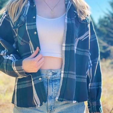 Vintage Green Gray Plaid Flannel Button Up 