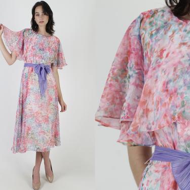 Watercolor Print Chiffon Dress / Vintage 80s Bright Pink Floral Dress / 1980s Thin Tiered Capelet / Outdoor Party Waist Tie Midi Maxi 