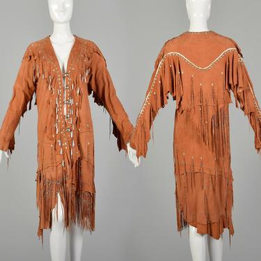 Native American Inspired Suede Leather Dress Bohemian Beaded Fringe Festival Jacket 