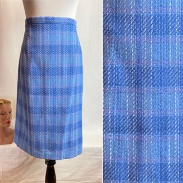 60’s pencil skirt pastel plaid wool purples periwinkle violet hues 1960s Mod Pinup winter skirts suit sets women’s vintage size 29” W 