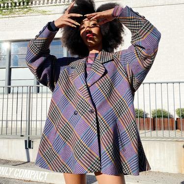 KARL LAGERFELD 80s Wool Bold Plaid Print Bias Cut Swing Coat