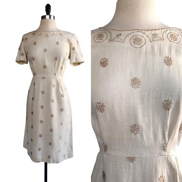 Vintage 60s floral embroidered linen sheath dress| tan with beige flowers 