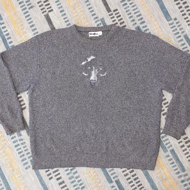 Vintage 1990s Wolf Sweater - Blue-Gray Wolf Face Knit Oversize Grandpa Sweater - XL 