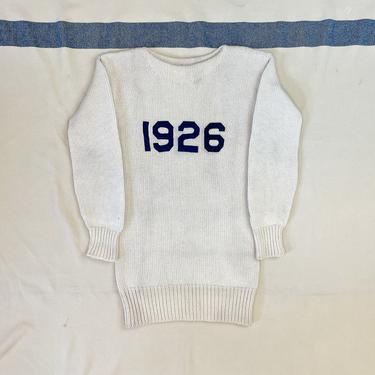 Size Small Vintage 1920s 1926 Wool Cream Sweater with Blue Wool Felt Numbers by O’Shea Knitting Mills 