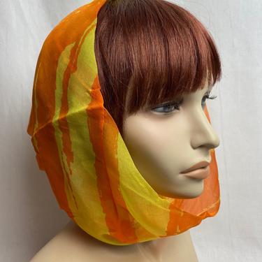 60’s Silk~ funnel neck scarf/ head scarf~ Groovy bright orange & yellow ~ retro Mod 1960s fiery colors 