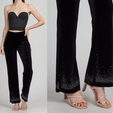 Y2K Jessica McClintock Black Velvet Sparkle Pants - Small | Vintage 00s High Waist Painted Rhinestone Trousers 