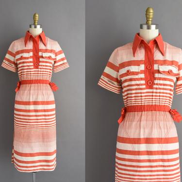 1970s vintage dress | Max and Lulu Cotton Stripe Print Summer Day Dress | XS Small | 70s dress 