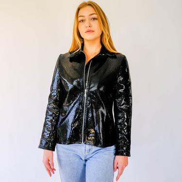 Vintage 90s Firenze Pelle Black Shimmery Snakeskin Leather Motorcycle Jacket  | 100% Genuine Leather | 1990s Designer Chic Leather Jacket 