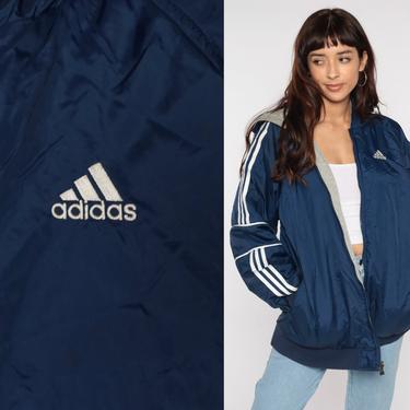 Reversible ADIDAS Jacket Blue Grey Coat 90s Jacket Hood Coat Striped Hooded Sportswear Vintage 1990s Streetwear Boy's Extra Large xl 