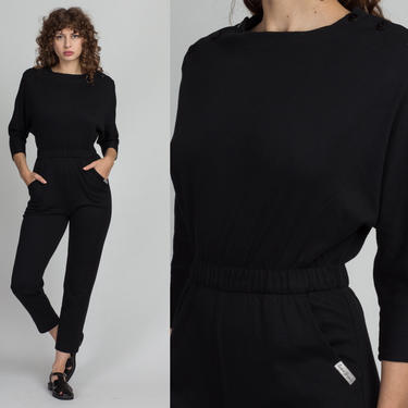80s Black Button Shoulder Jumpsuit - Medium | Vintage St Germain Tapered Leg Pocket Pantsuit 