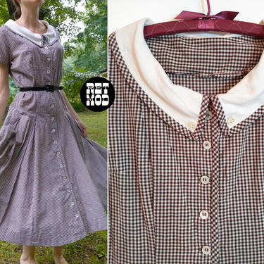 GORGEOUS Vintage 50s Brown White Gingham Plaid Drop Waist Fit &amp; Flare Cotton Day Dress with White Collar 