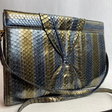 Iridescent snakeskin purse~ sleek bow~ shoulder strap~ blue & green Ombre look~ 1970’s evening bag 
