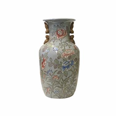Chinese Crackle Gray Mauve Beige Porcelain Flowers Birds Graphic Vase ws1649E 