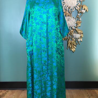 1960s dressing gown, vintage robe, kaftan style, green and blue brocade, 60s house coat, mrs maisel style, medium large, rockabilly, tent 