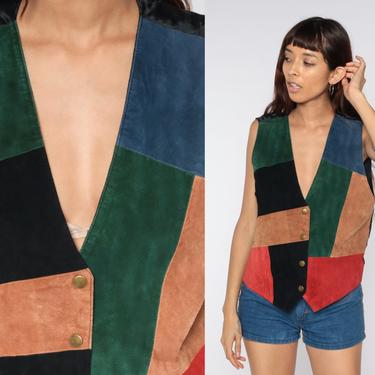 Patchwork Suede Vest 90s Leather Vest 1990s Color Block Vest Button up Vintage Motorcycle Vest Retro Sleeveless Vest Brown Green Red Medium 