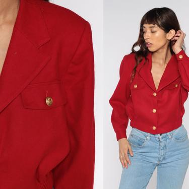 Red Wool Blouse 80s Military Inspired Jacket Top Long Sleeve Button Up Shirt Cropped 1980s Retro Crop Hipster Bohemian Vintage Small S 