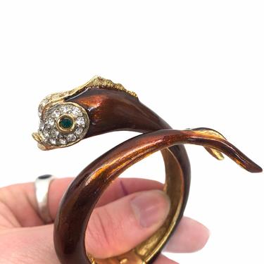 Vintage VTG Rare Maresca Signed Brown Enamel Fish Wrap Cuff Bracelet 