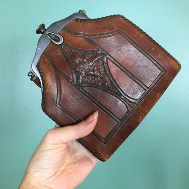 1920s leather purse, art nouveau handbag, flapper bag, tooled