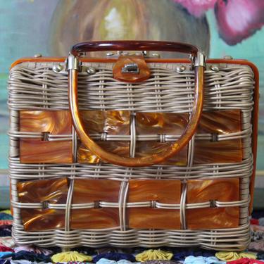 Vintage 1950s 60s Stylecraft Miami Wicker Gold Lucite Handbag Purse 