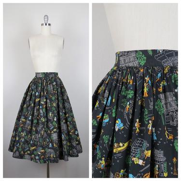 Vintage 1950s novelty print skirt, cotton, city scene, Paris, fit and flare, size xs 