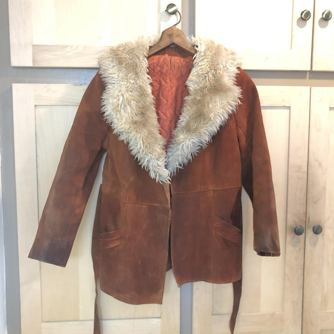 VINTAGE offers PENNY LANE BURNT ORANGE/BROWN LAMB FUR COLLAR SUEDE LEATHER COAT SZ 6