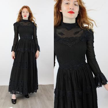 1970s black COTTON LACE mexican dress xs | new winter 