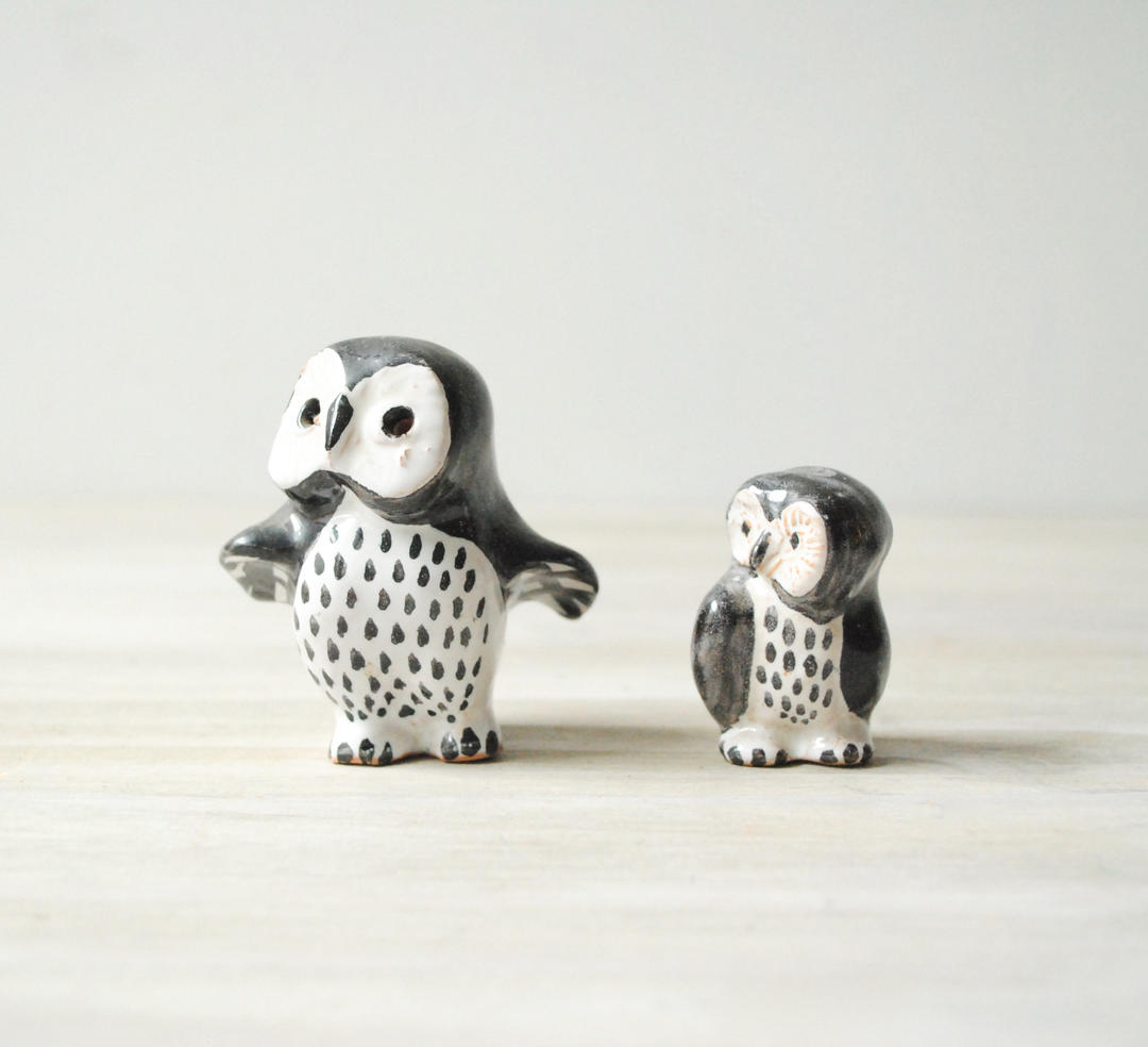 Vintage Owl Figurines, Danish Ceramic Owl Figurines, Handmade Owl