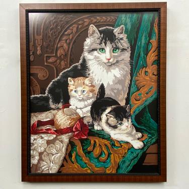 Vintage Cat Paint By Numbers, Mom Cat And 2 Kittens, Signed By Artist 2000, Cat Lovers PBN 