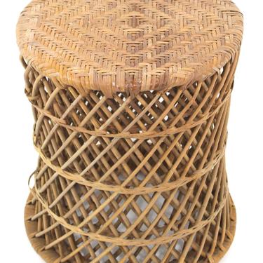 Woven Wicker Wrapped Round Cylinder End Tables Woven Top Mid Century