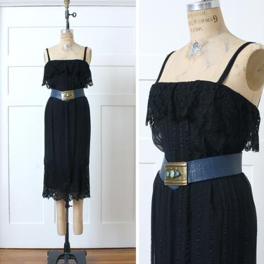 1970s designer vintage boho dress • sheer black lace chiffon &amp; cotton gauze sundress by Alfred Bosand 