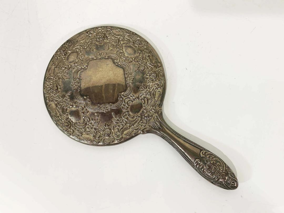 Vintage Silver Hand Mirror Flower Antique Floral Flowers Vanity Art Check Engine Vintage